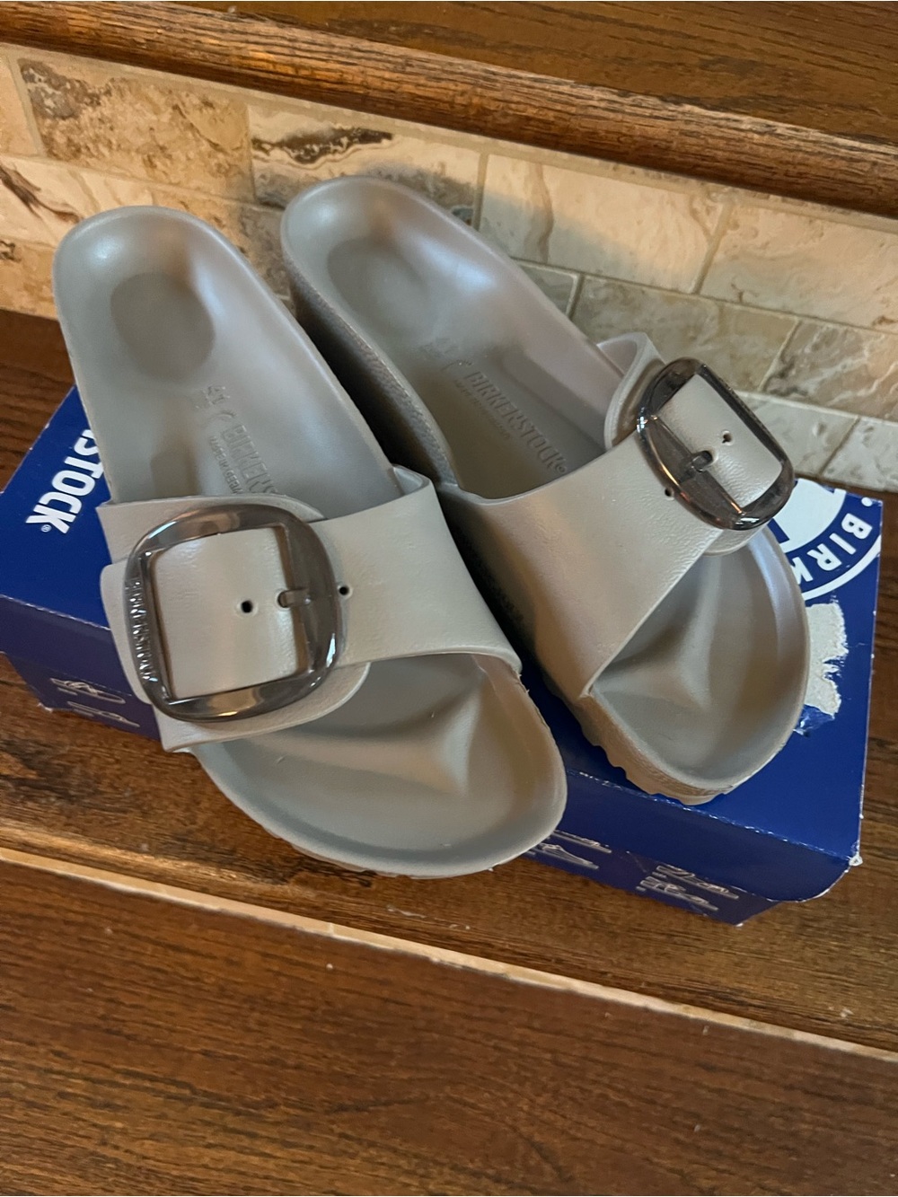 Birkenstock Madrid EVA Slide Sandals in Gray-Taupe with Tortoise Buckle
